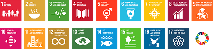The Sustainable Development Goals (SDGs) logo, including the colour wheel and 17 icon